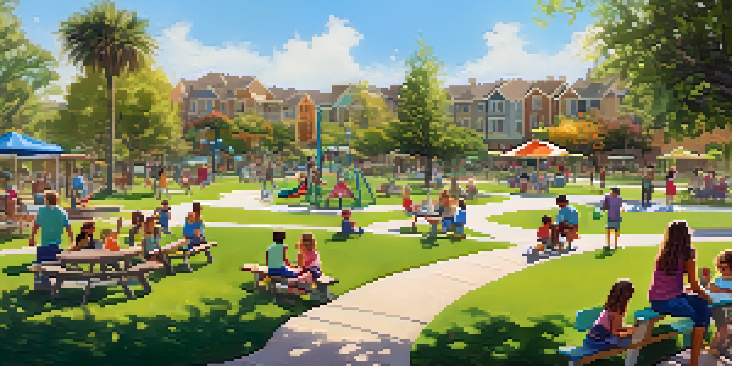 A lively park scene in Carlsbad with families having fun, surrounded by greenery and flowers under a bright sun.