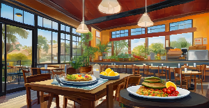 A cozy café table with a vibrant vegan breakfast spread, including tofu scramble, avocado toast, and pancakes with fruit.