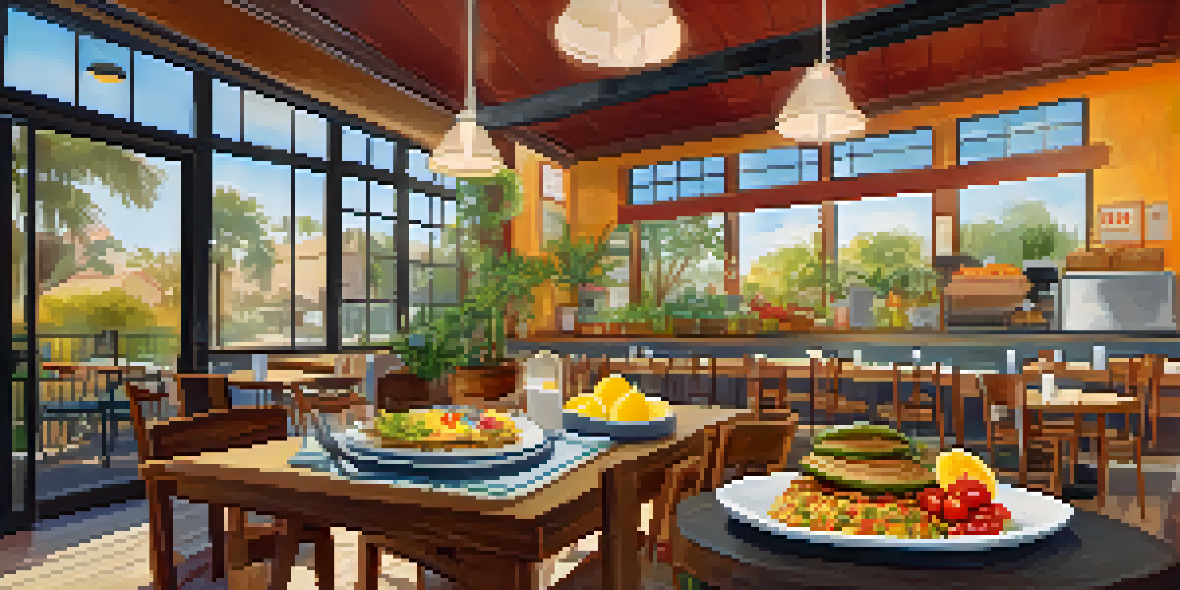 A cozy café table with a vibrant vegan breakfast spread, including tofu scramble, avocado toast, and pancakes with fruit.