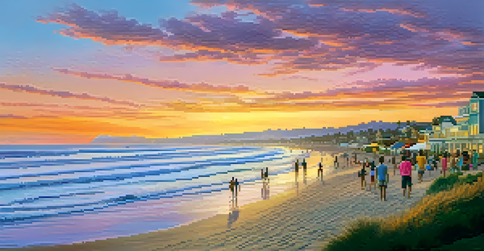 A sunset view of Carlsbad beach with families playing on the sand and surfers in the water.