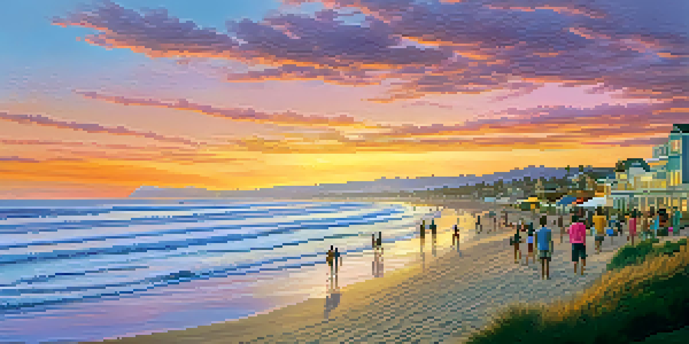 A sunset view of Carlsbad beach with families playing on the sand and surfers in the water.