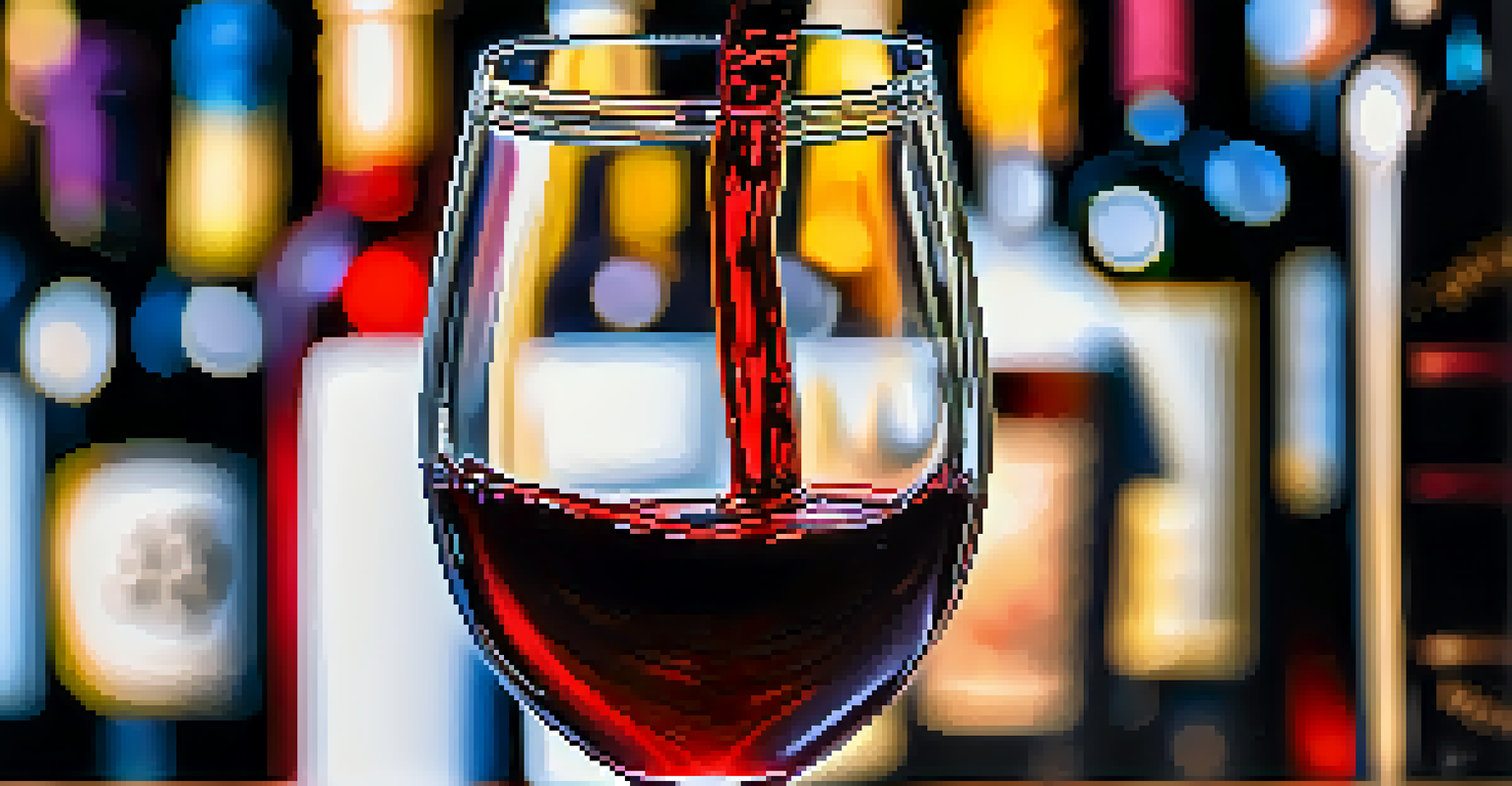 A close-up of a red wine glass with reflections, set against a blurred background of festival-goers and wine bottles.