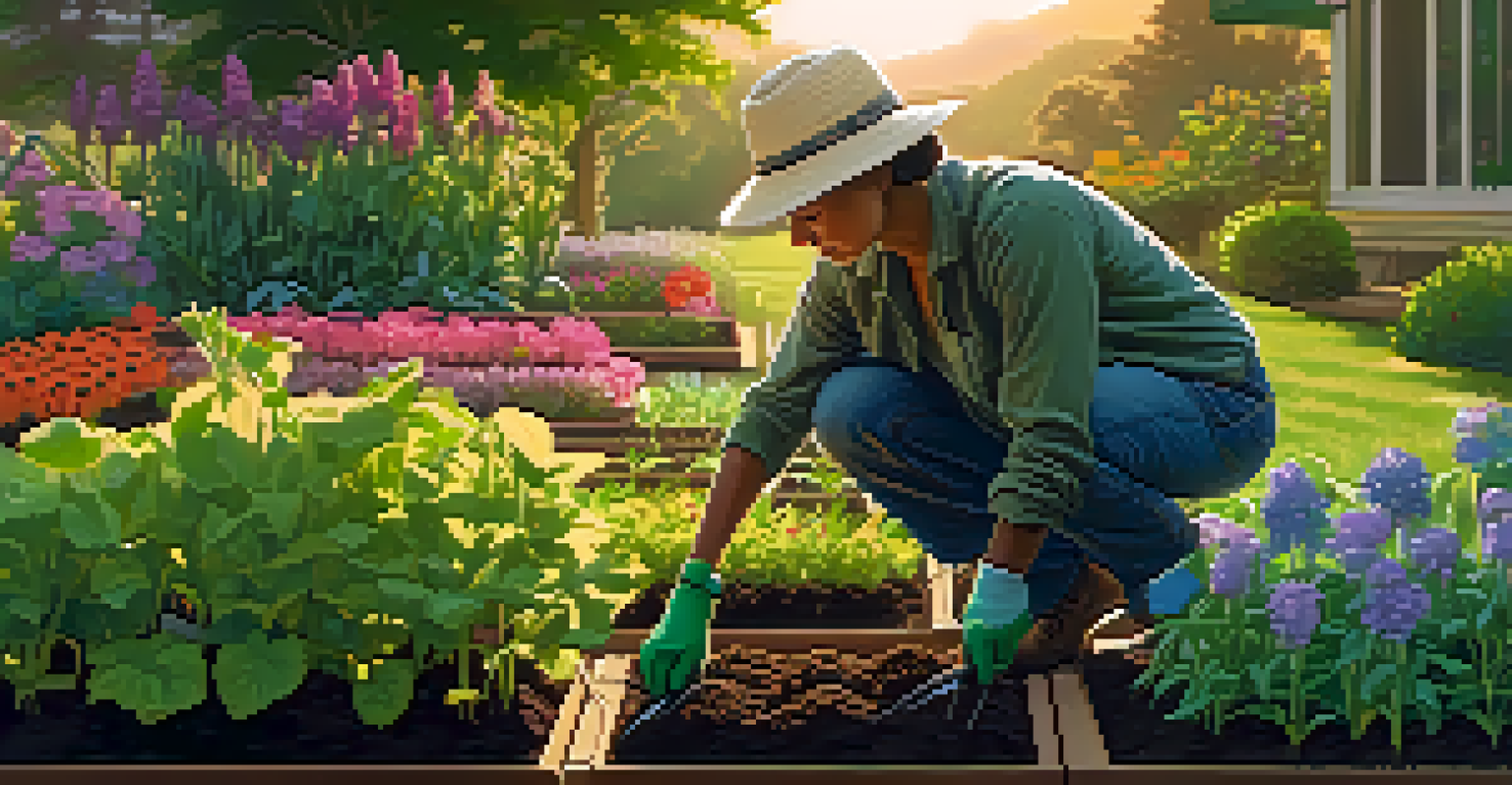 A gardener planting seedlings in rich soil surrounded by vibrant plants, illuminated by the warm glow of the golden hour sunlight.