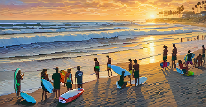 A lively beach scene featuring surfers of various backgrounds riding waves at Tamarack Beach during the Carlsbad Surf Classic, with a sunset in the background.