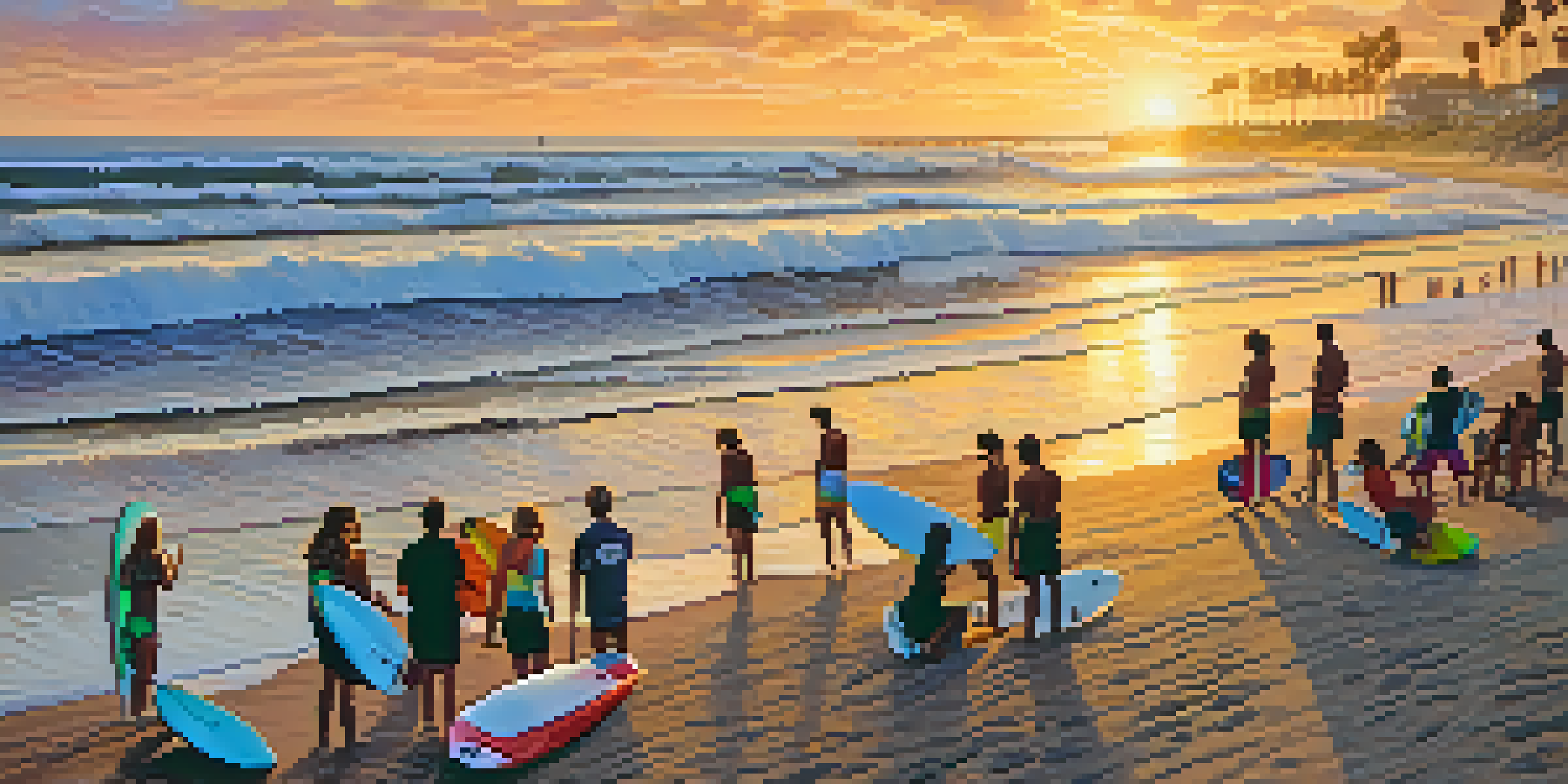 A lively beach scene featuring surfers of various backgrounds riding waves at Tamarack Beach during the Carlsbad Surf Classic, with a sunset in the background.