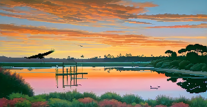 A sunset view of Batiquitos Lagoon with a walking trail, lush greenery, and silhouettes of herons.