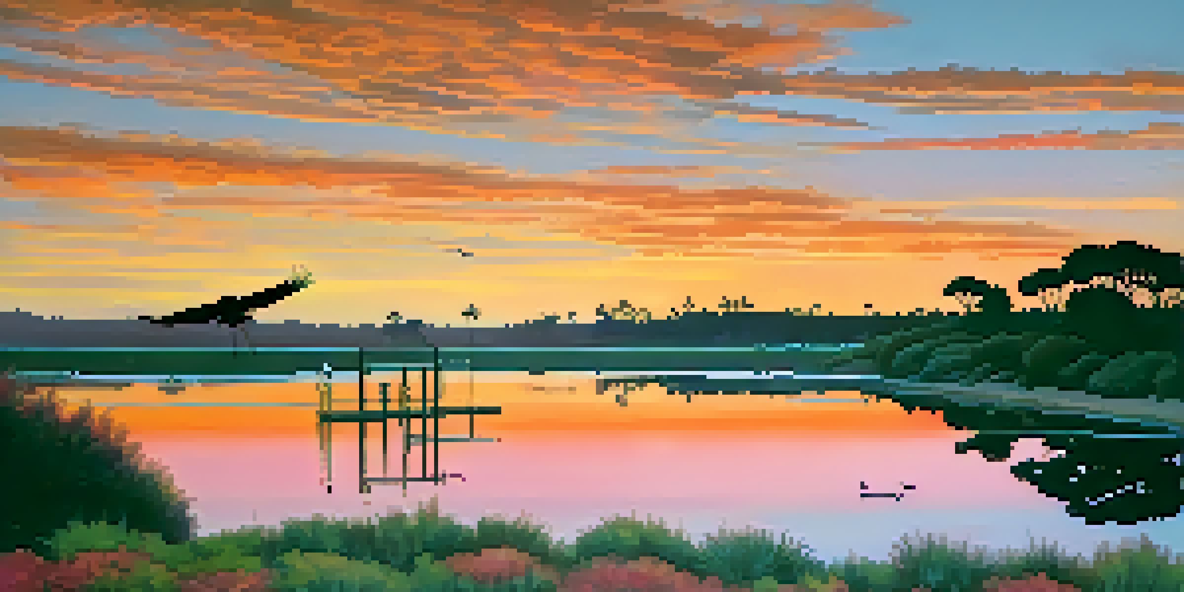 A sunset view of Batiquitos Lagoon with a walking trail, lush greenery, and silhouettes of herons.