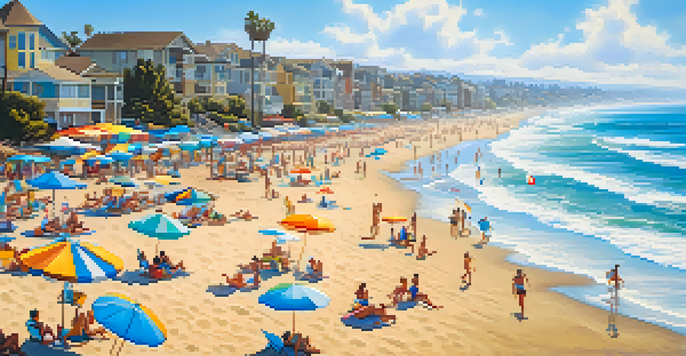 A bright summer beach scene in Carlsbad, California, with golden sands, blue waves, and people engaging in beach activities.