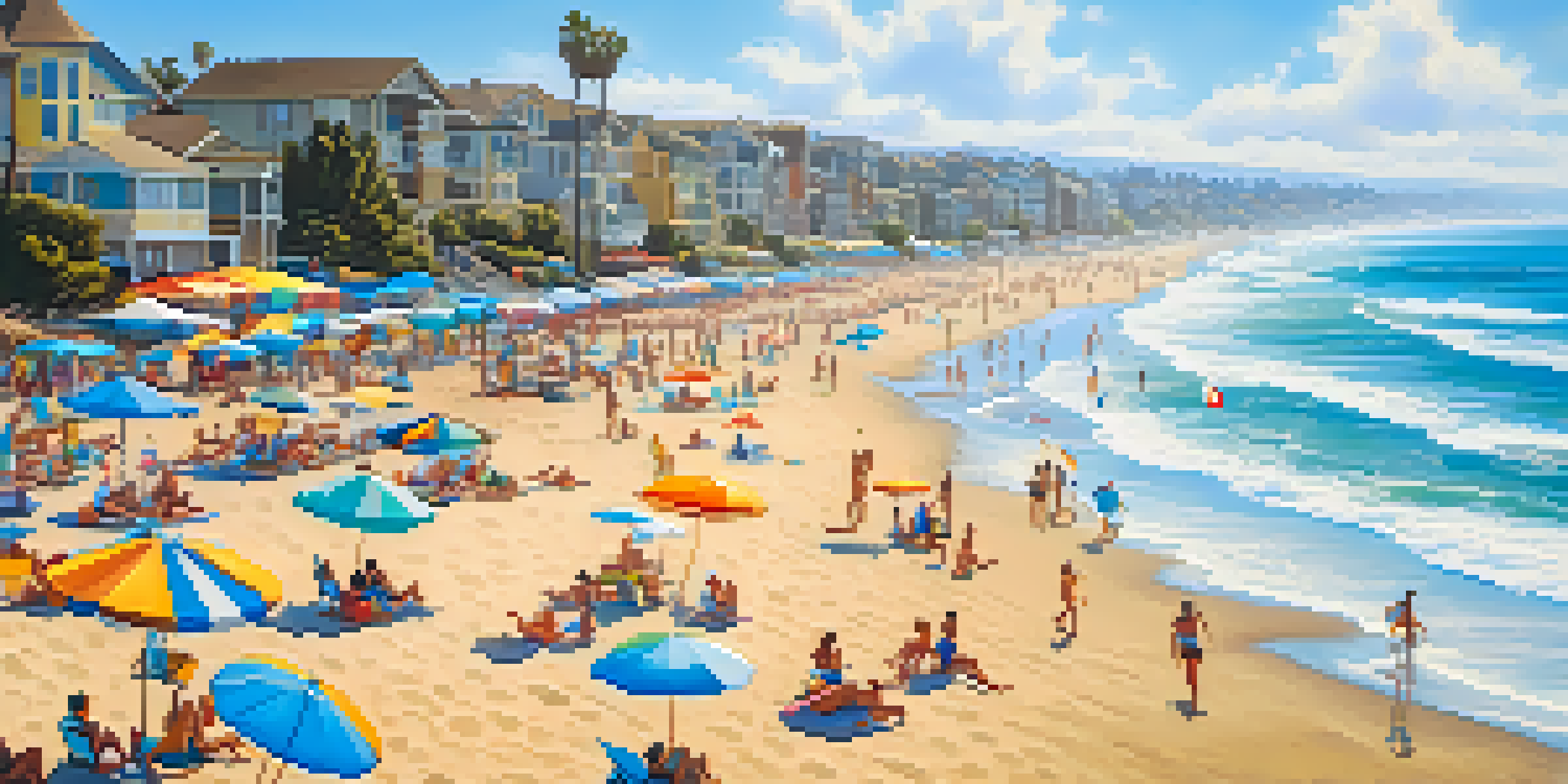A bright summer beach scene in Carlsbad, California, with golden sands, blue waves, and people engaging in beach activities.