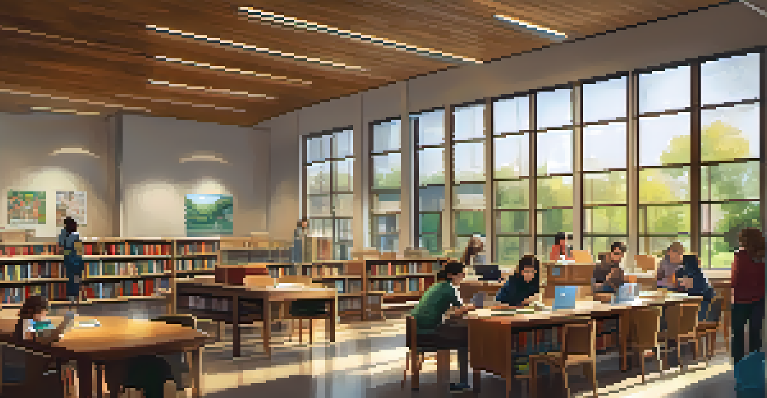 A cozy library filled with people reading and studying, with bookshelves and warm lighting creating an inviting atmosphere.