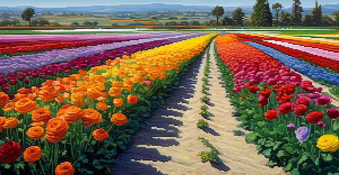 A colorful field of blooming ranunculus flowers in Carlsbad with a blue sky and sunlight.