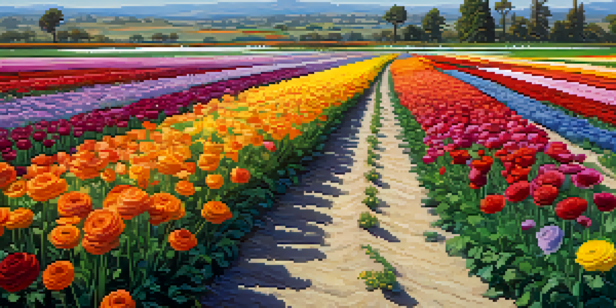 A colorful field of blooming ranunculus flowers in Carlsbad with a blue sky and sunlight.