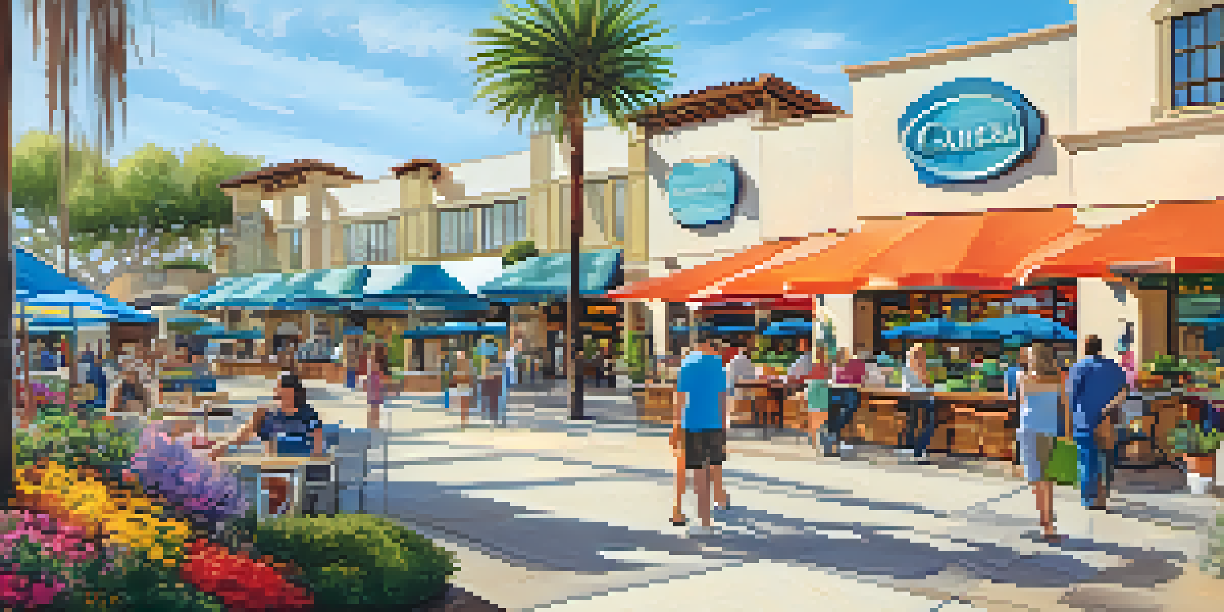 An outdoor shopping center in Carlsbad, California, featuring shoppers on tree-lined paths, colorful storefronts, and dining areas with outdoor seating.