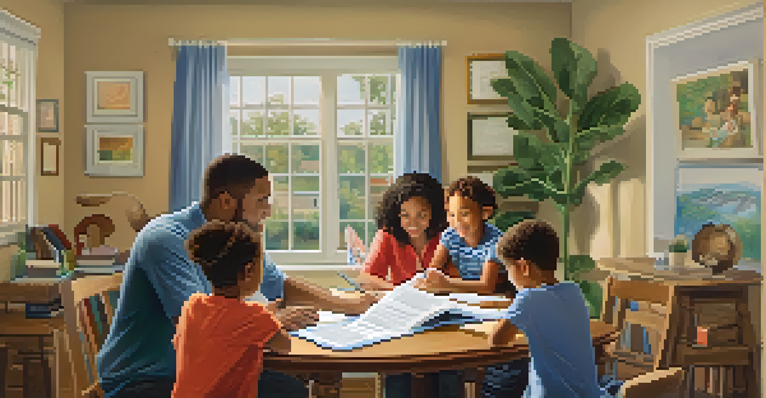 A family discussing school enrollment documents at a dining table, creating a supportive and engaging environment.