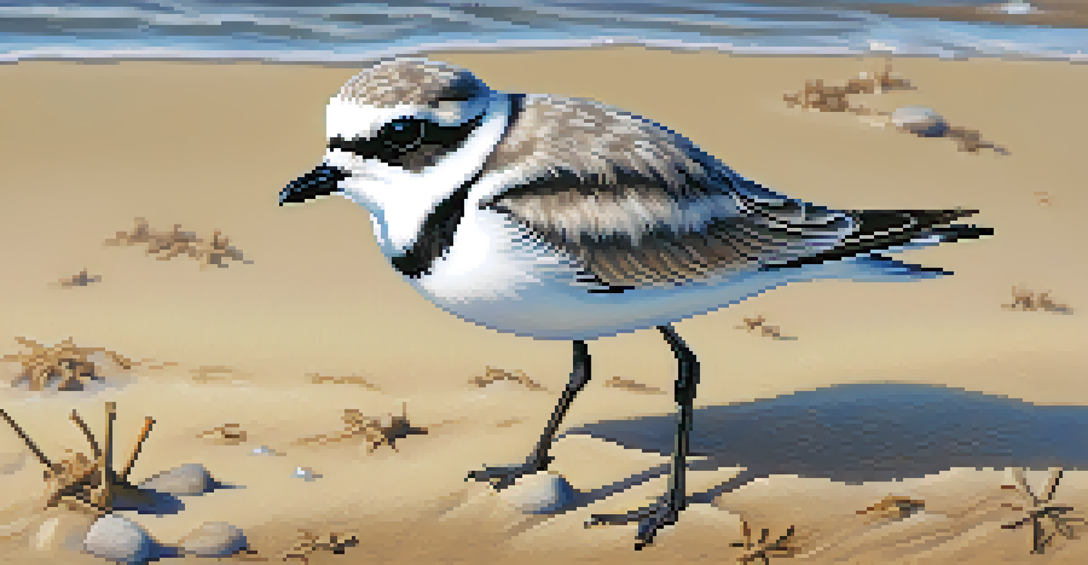 A close-up view of a Western snowy plover on the beach, highlighting its distinct markings.