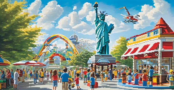 Families enjoying a sunny day at Legoland California with colorful Lego sculptures of famous landmarks.