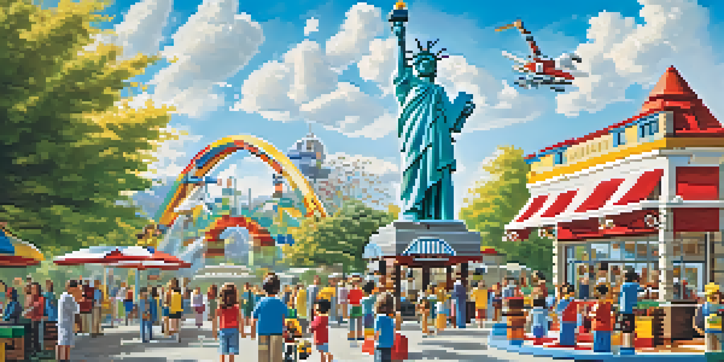 Families enjoying a sunny day at Legoland California with colorful Lego sculptures of famous landmarks.