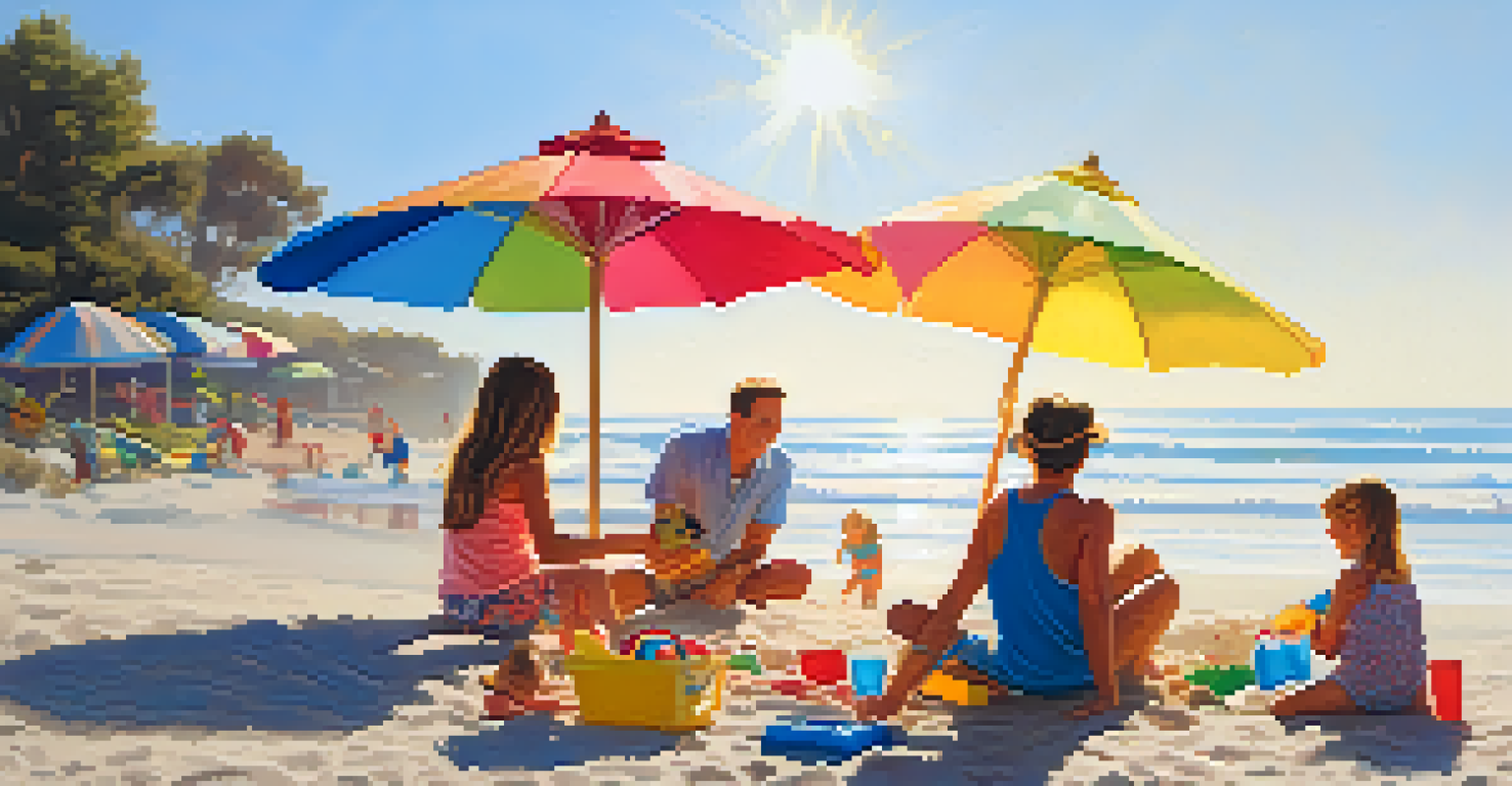 A family at the beach in Carlsbad, with children playing in the sand and parents relaxing under an umbrella.