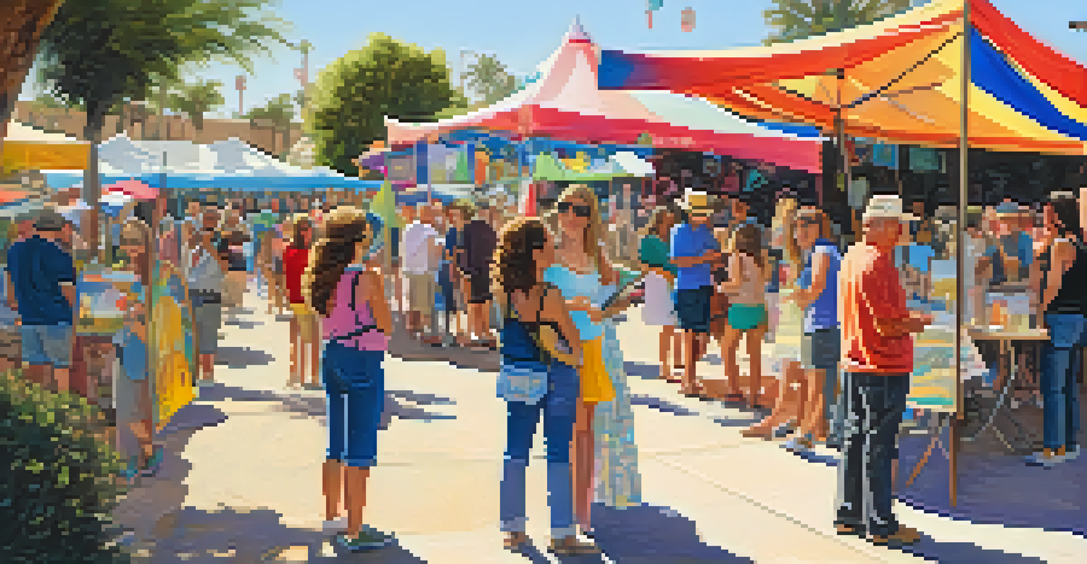 A vibrant public art event in Carlsbad with people admiring art installations and interacting in a festive atmosphere.