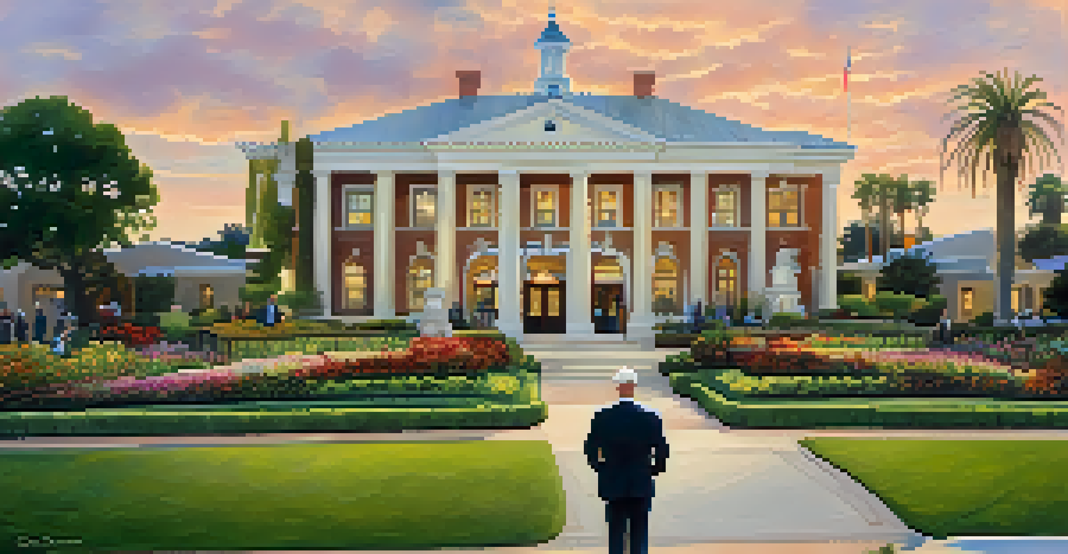 A portrait of Carlsbad's first mayor in front of city hall, smiling and surrounded by gardens.