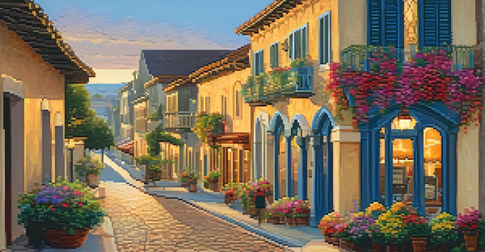 A scenic sunset view of Carlsbad Village, highlighting historic architecture and vibrant flowers, with locals walking in the streets.