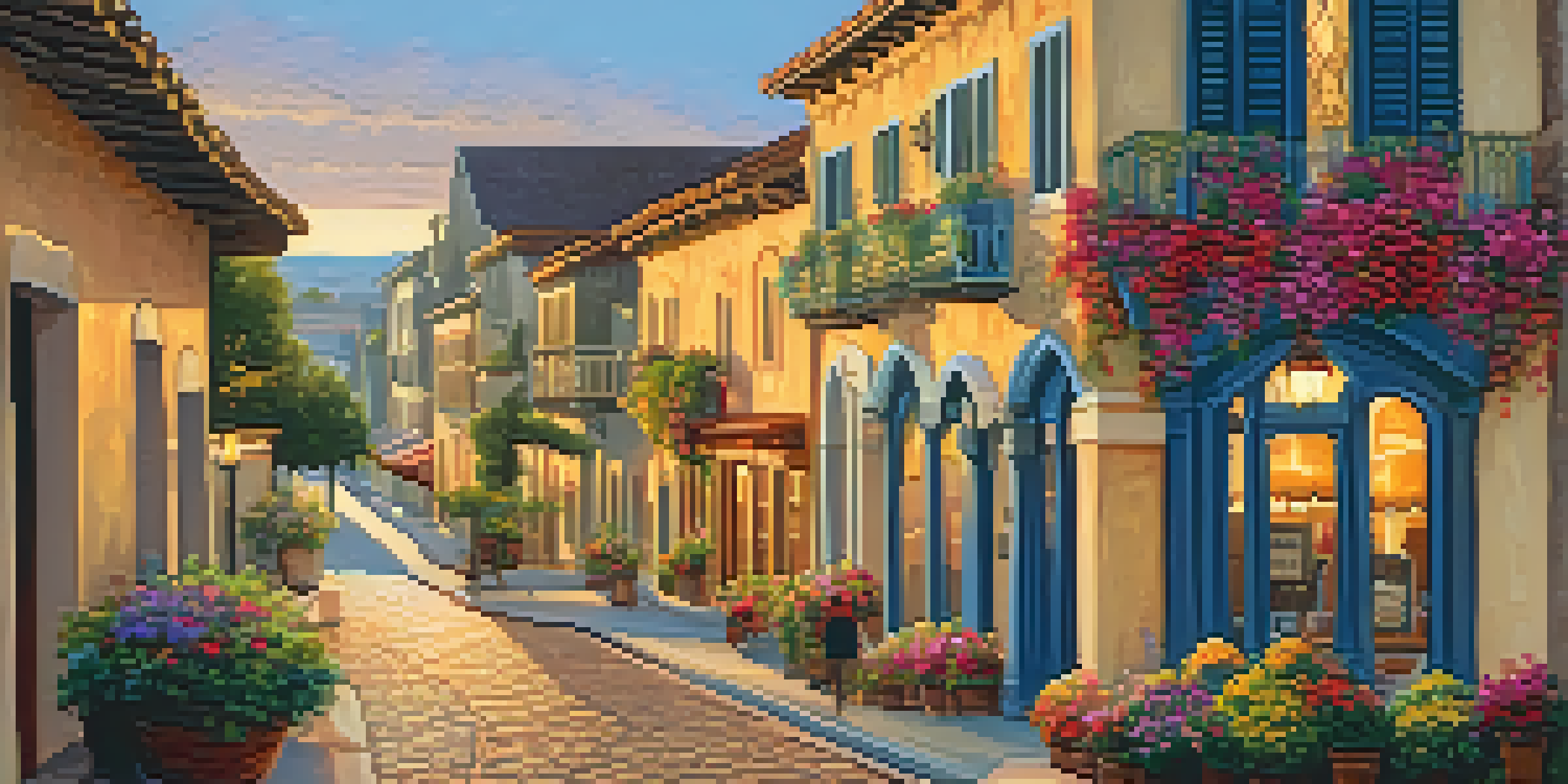 A scenic sunset view of Carlsbad Village, highlighting historic architecture and vibrant flowers, with locals walking in the streets.