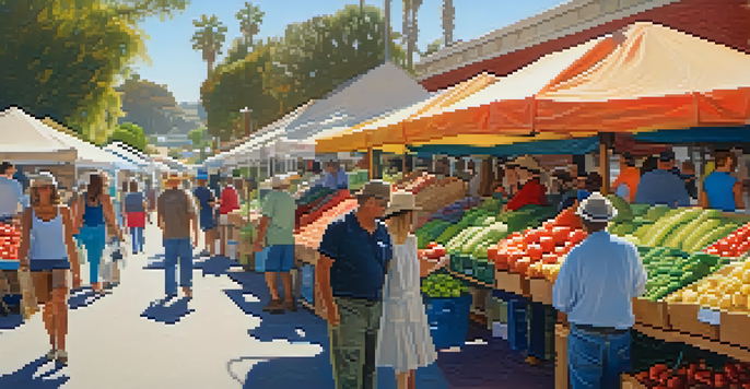 A lively farmers' market featuring a variety of fresh fruits and vegetables with farmers engaging with customers under warm sunlight.