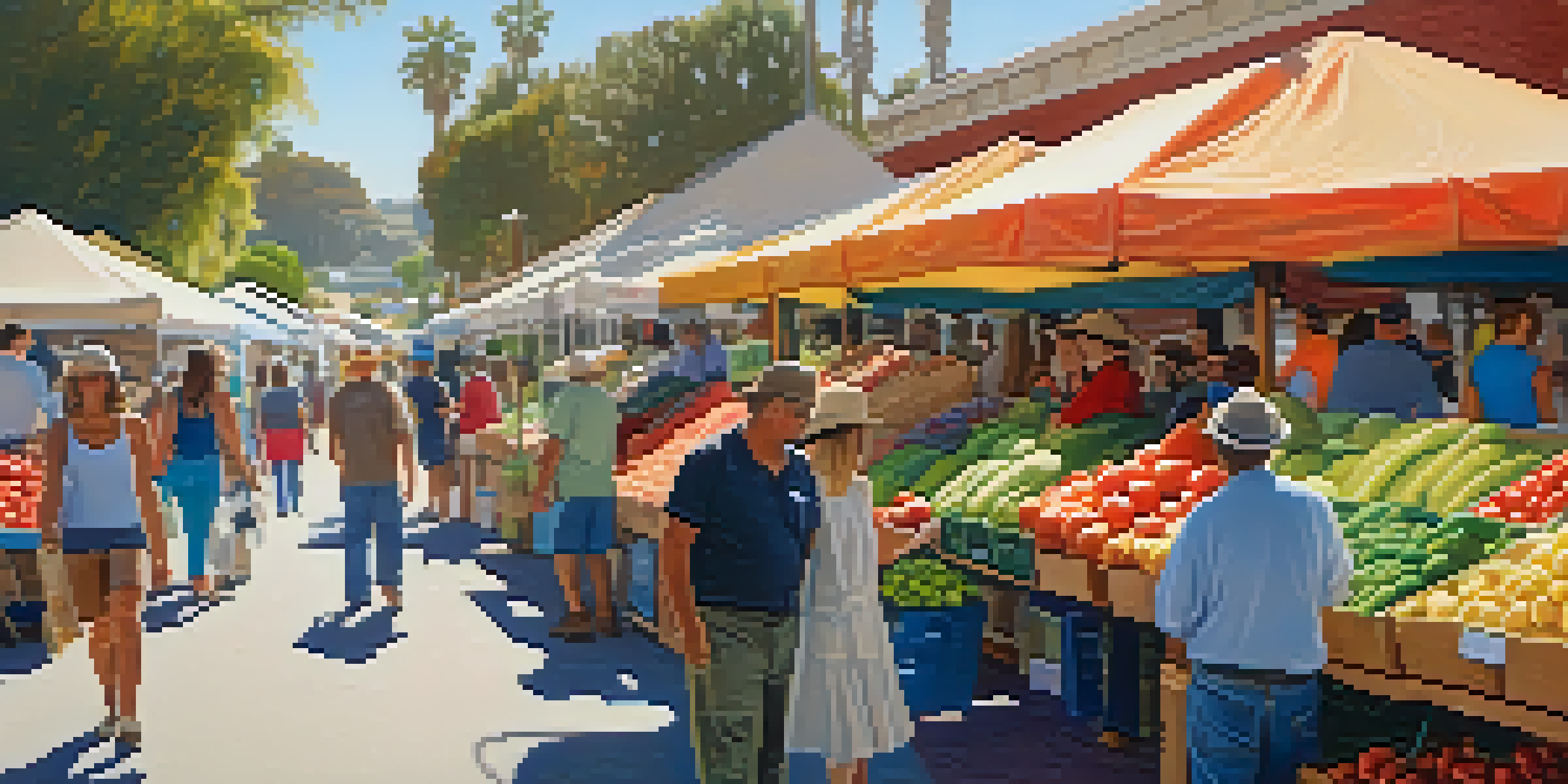 A lively farmers' market featuring a variety of fresh fruits and vegetables with farmers engaging with customers under warm sunlight.