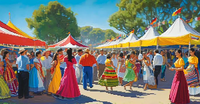 A lively cultural exchange festival in a park with colorful stalls, diverse participants in traditional costumes, and families enjoying various cultural activities.