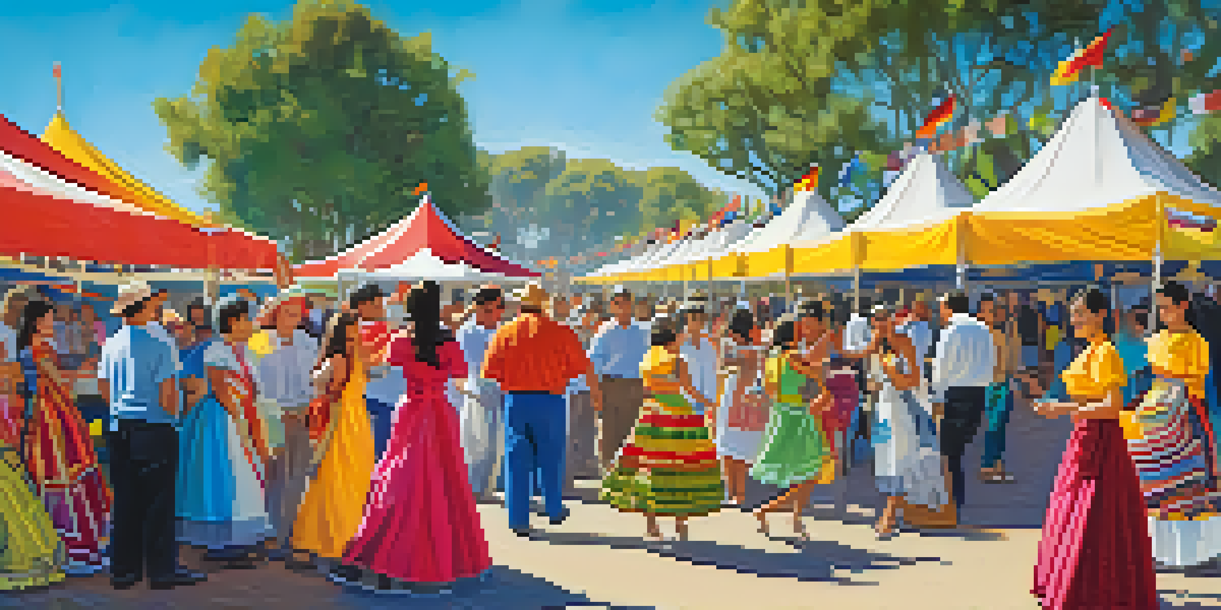 A lively cultural exchange festival in a park with colorful stalls, diverse participants in traditional costumes, and families enjoying various cultural activities.