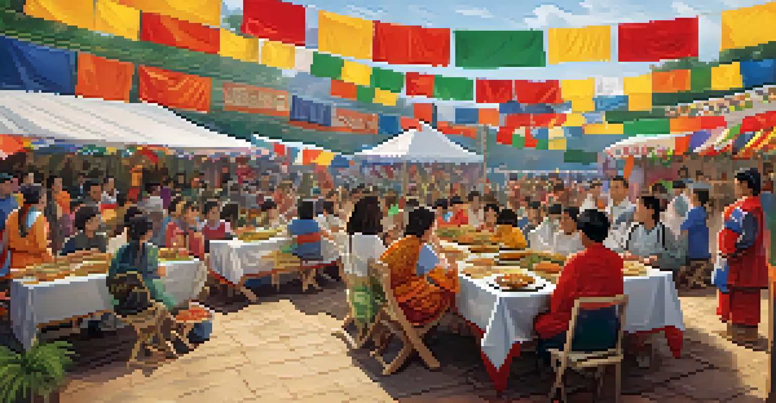 An outdoor cultural festival featuring students and families enjoying international food and music, with colorful decorations and flags in the background.