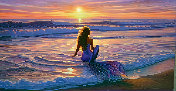A twilight beach scene at Carlsbad with a shimmering mermaid dancing on the waves, surrounded by a colorful sunset.