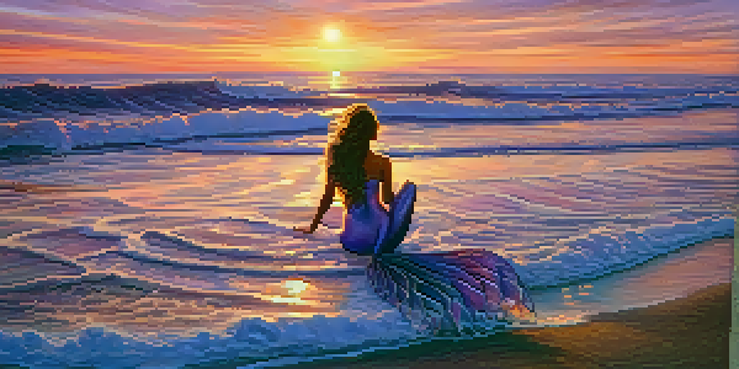 A twilight beach scene at Carlsbad with a shimmering mermaid dancing on the waves, surrounded by a colorful sunset.