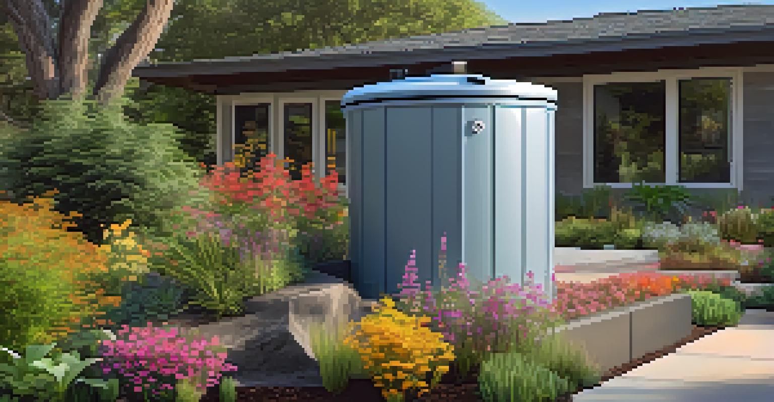 A rainwater harvesting system in a garden, featuring a stylish rain barrel and surrounded by colorful flowers and native plants, under a clear blue sky.