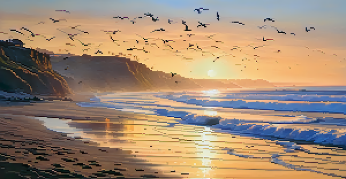 A picturesque sunset at South Carlsbad State Beach, with cliffs, gentle waves, and flying seagulls.