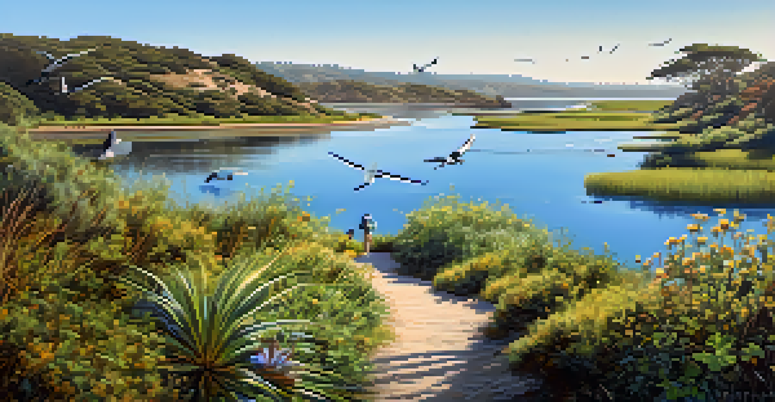 A serene view of the Batiquitos Lagoon Trail, showcasing wetlands, birds, and vibrant wildflowers.