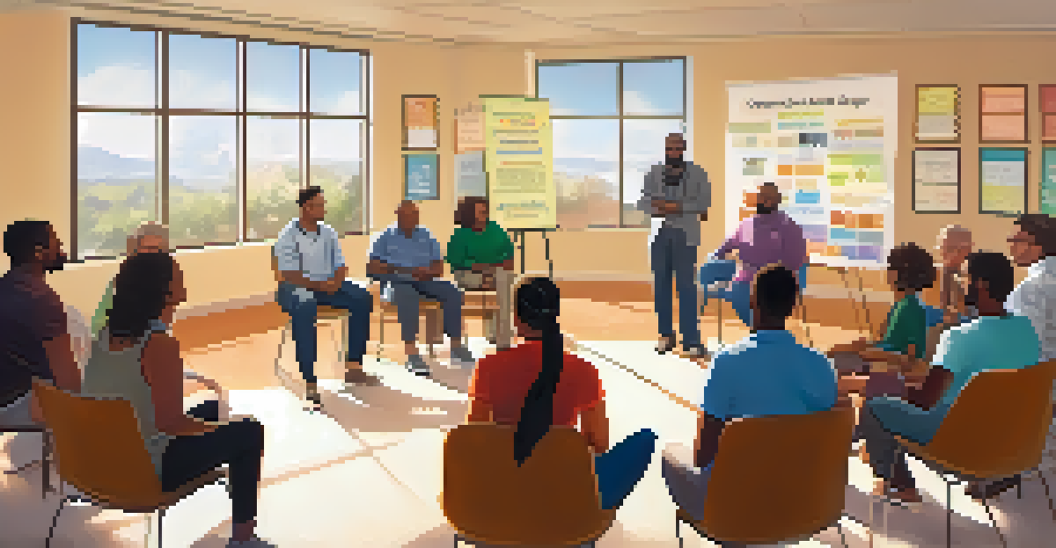 A community support group meeting with diverse participants sitting in a circle, sharing experiences in a bright, welcoming room.