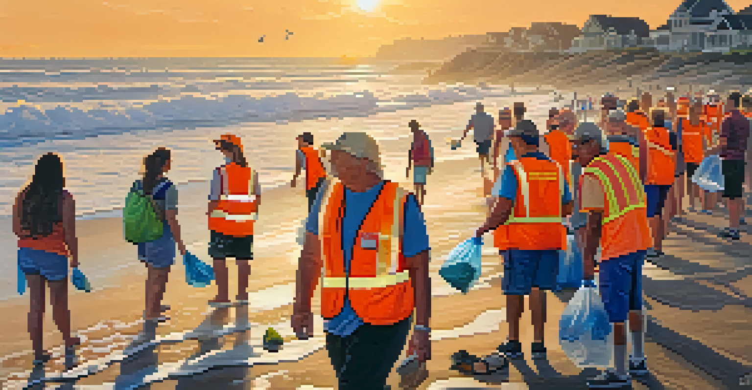 Residents of Carlsbad in bright vests cleaning the beach at sunset, embodying community spirit and teamwork.