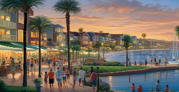 A colorful sunset over Carlsbad's waterfront, with people enjoying recreational activities and palm trees in the foreground.