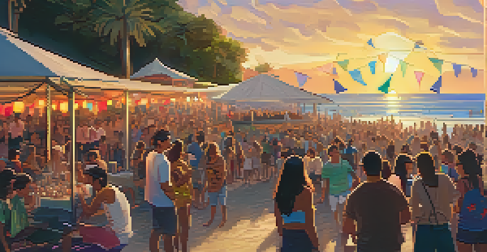 A lively outdoor music festival at the beach with people dancing, musicians on stage, and a sunset backdrop.