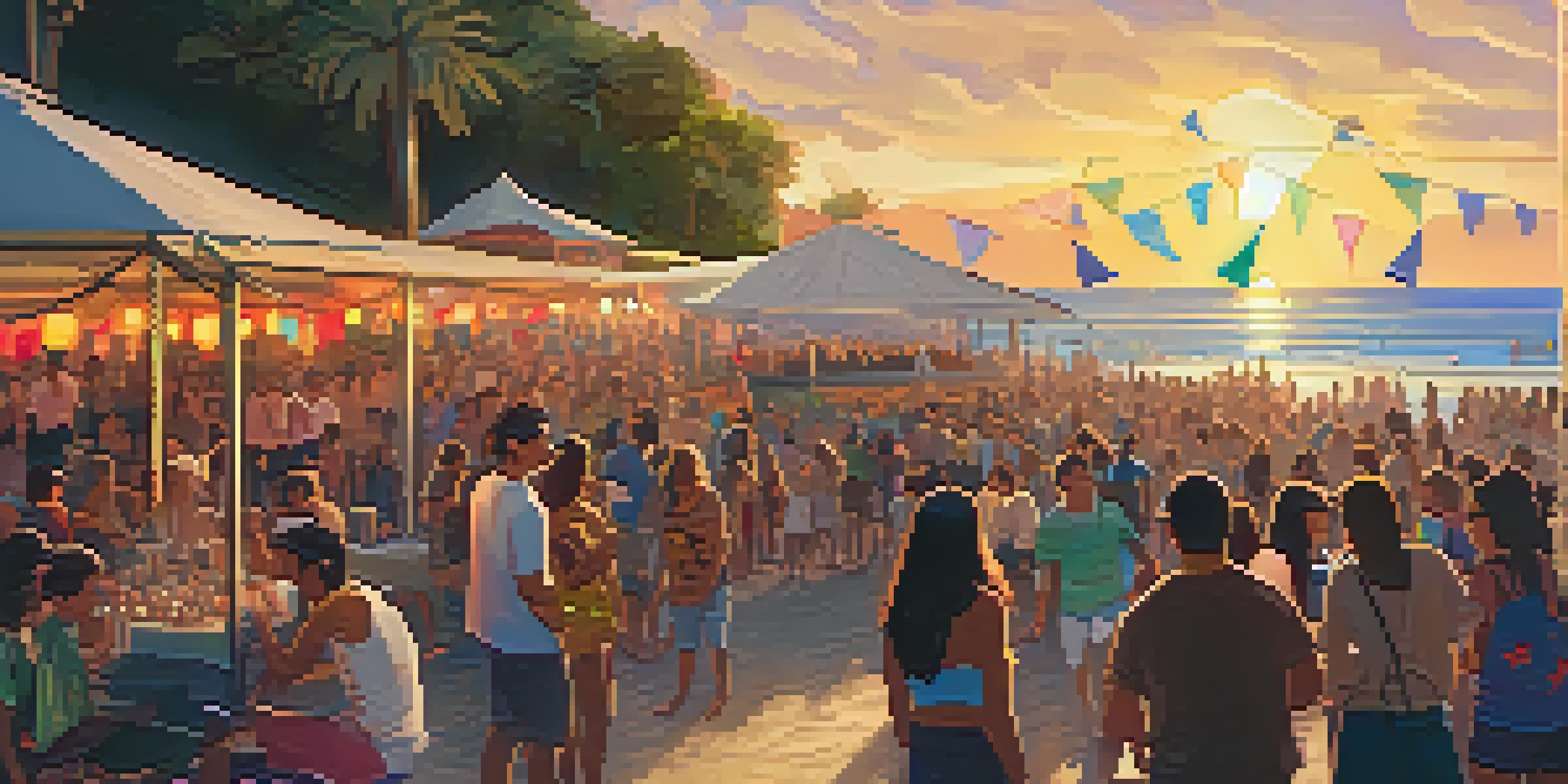 A lively outdoor music festival at the beach with people dancing, musicians on stage, and a sunset backdrop.