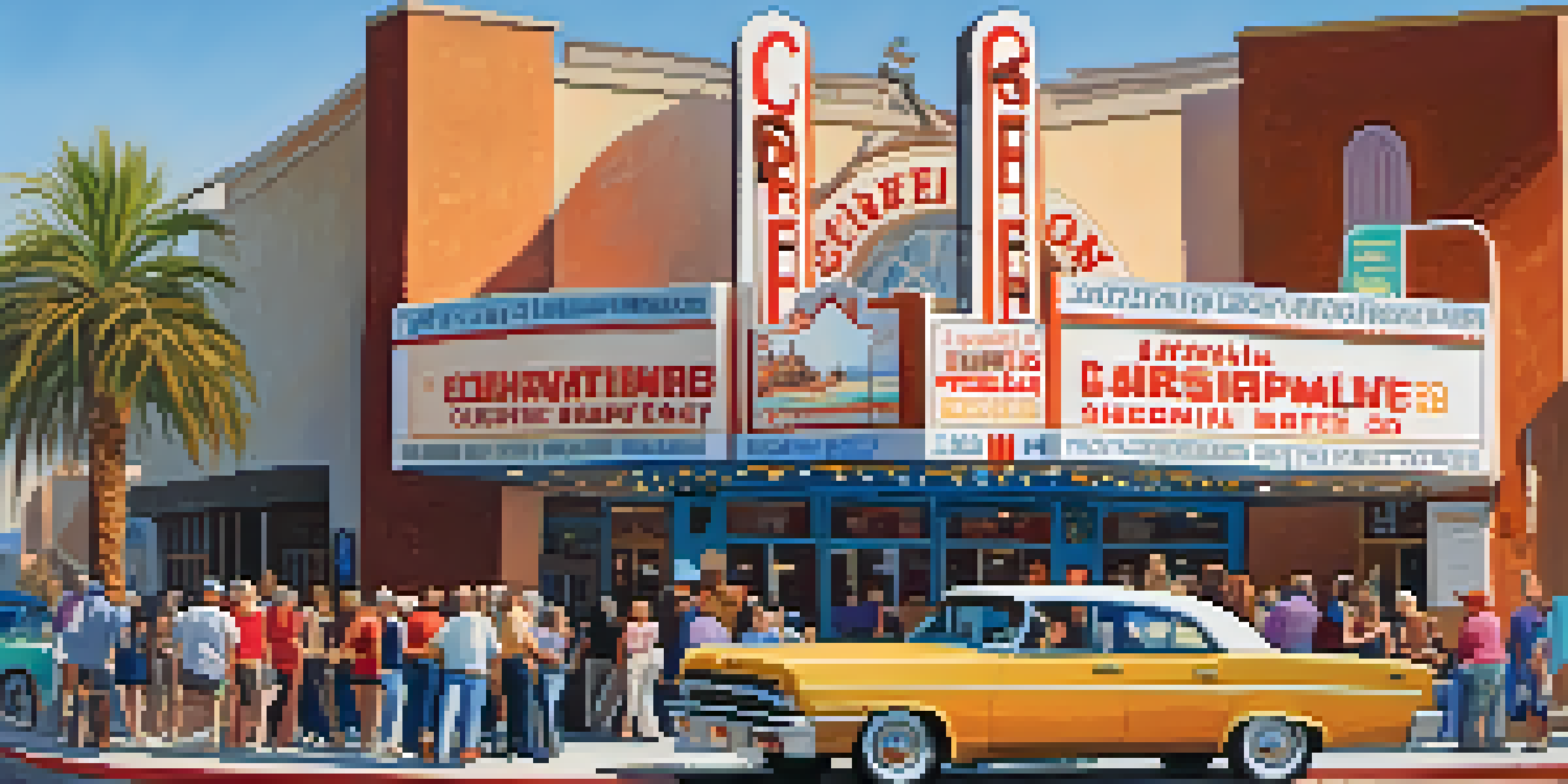 A lively community theater scene with crew members discussing plans over coffee in a sunlit interior filled with colorful posters.