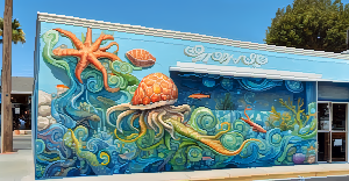 A colorful mural of a sea creature on a café wall, with people taking pictures in front of it.