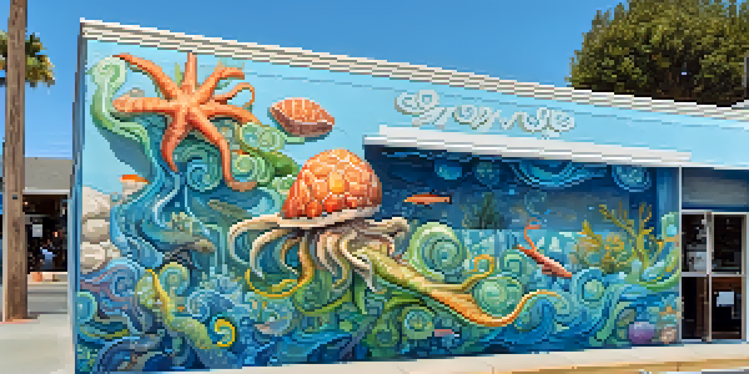 A colorful mural of a sea creature on a café wall, with people taking pictures in front of it.