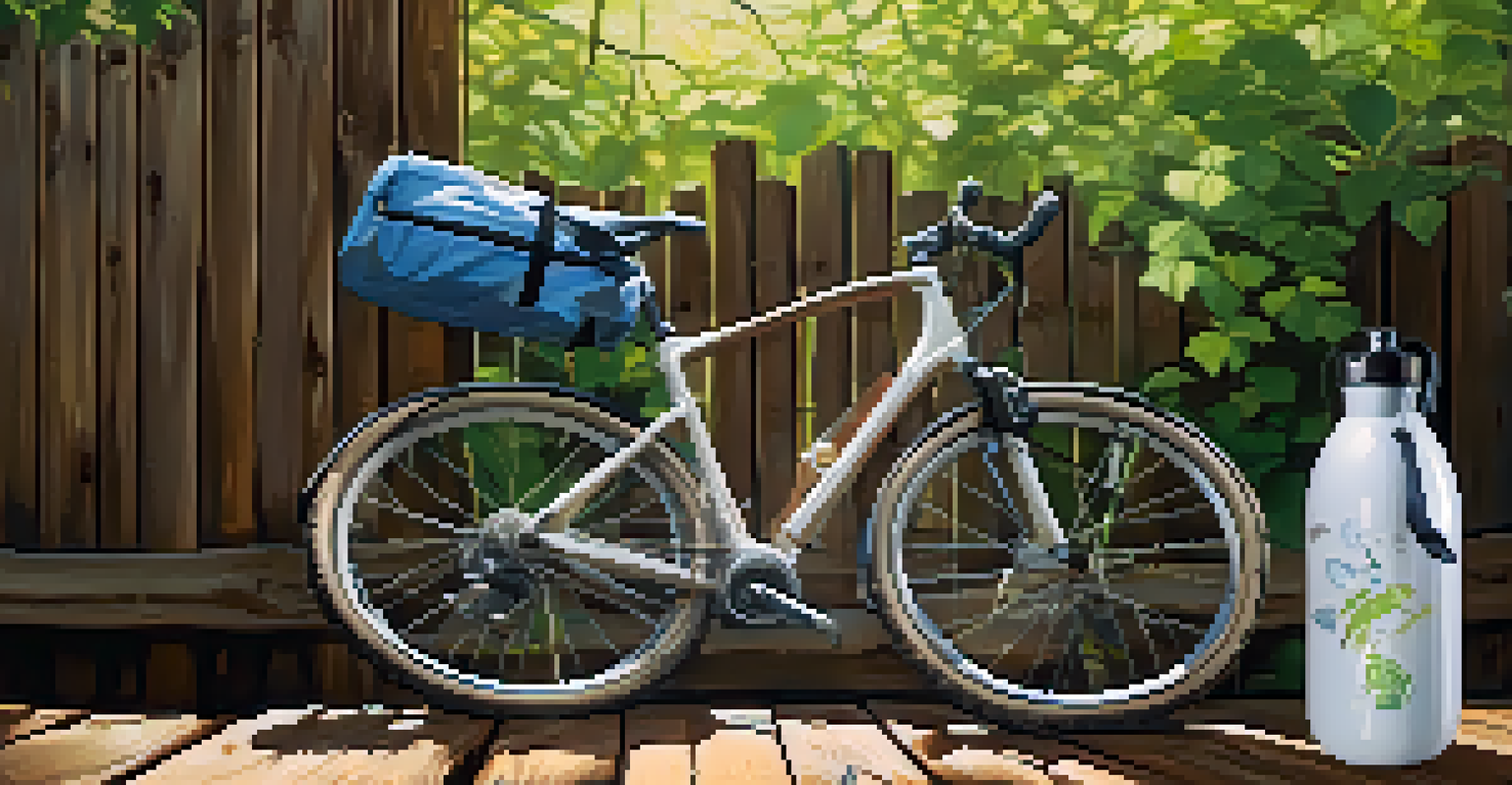 A close-up of eco-friendly biking gear including a stylish bike, reusable water bottle, and sustainable bag in a natural setting.