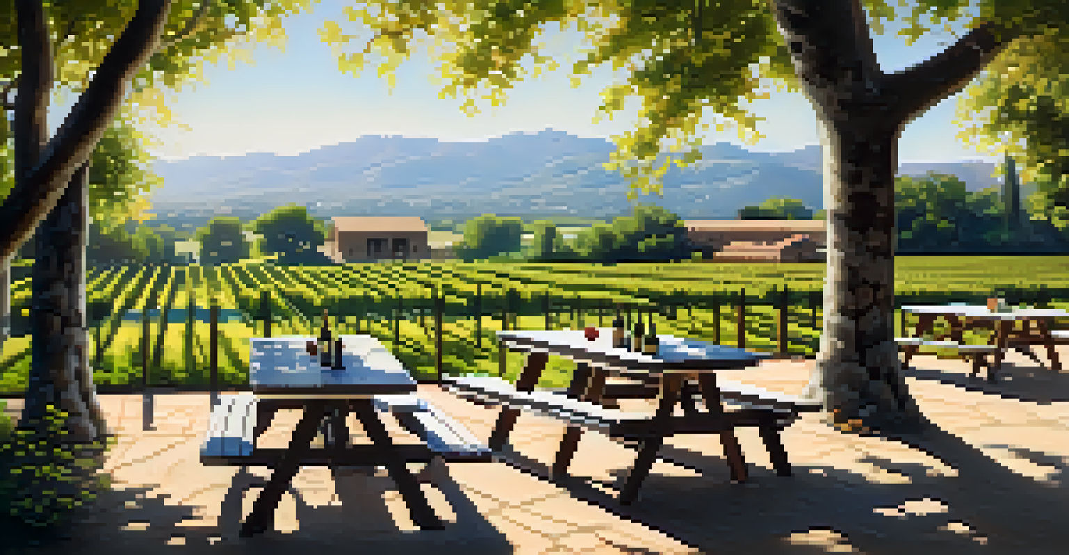Families dining at picnic tables in a winery's outdoor area, with a view of vineyards and mountains, and sunlight filtering through trees.