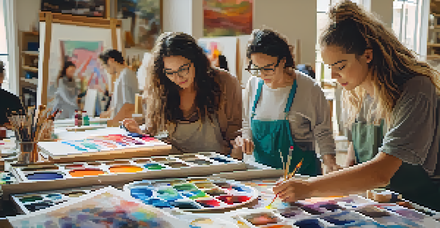 An art workshop in Carlsbad featuring local and international artists painting together, surrounded by canvases and colorful art supplies in a brightly lit room.