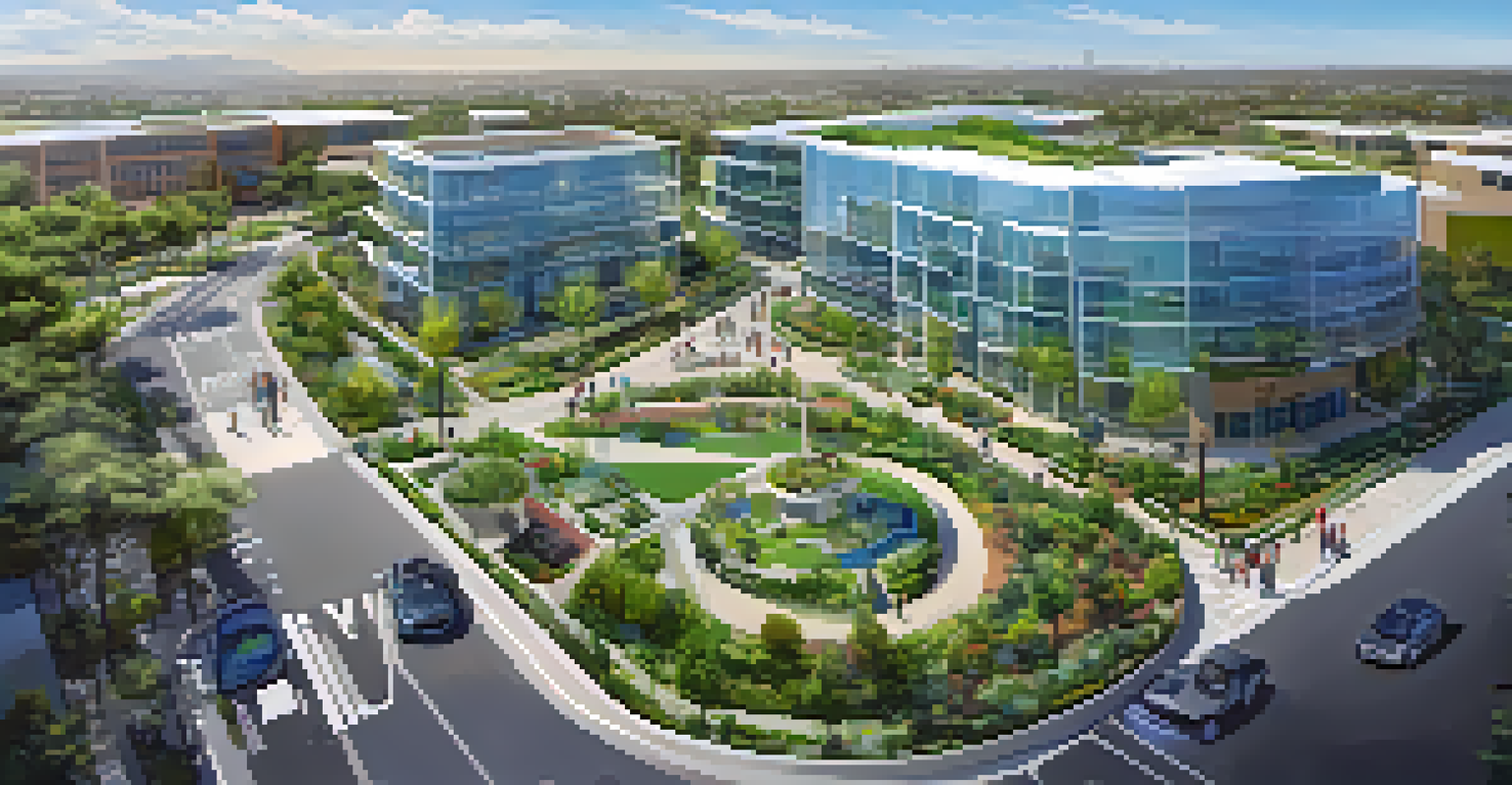 An aerial view of Carlsbad's tech park featuring green spaces and modern office buildings.