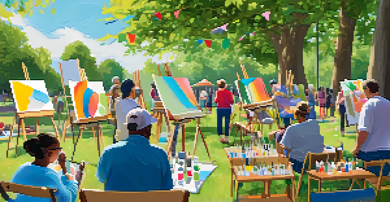 Local artists conducting a workshop in a park, with residents of all ages painting on easels and colorful banners in the background.