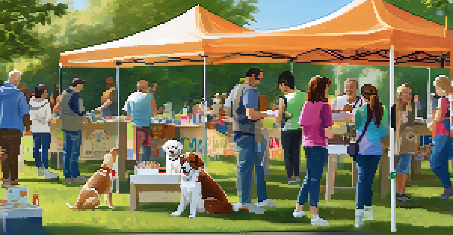 A vibrant outdoor pet adoption event with people interacting with dogs and cats in a sunny park.